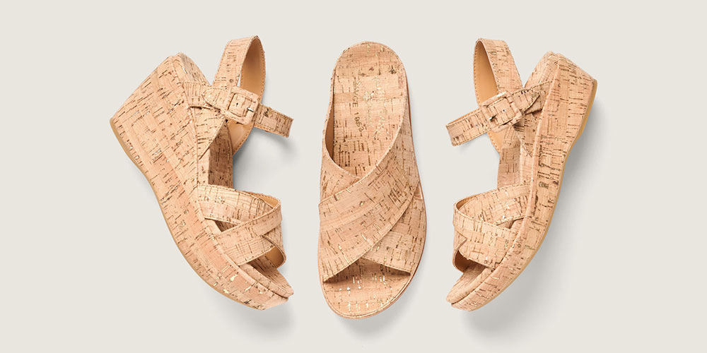 The Ava 2.0 wedge sandal in Gold Flake Cork (tan), The Tutsi Cross-Band sandal in Gold Flake Cork (tan) and the Myrna 2.0 wedge sandal in Gold Flake Cork (tan).