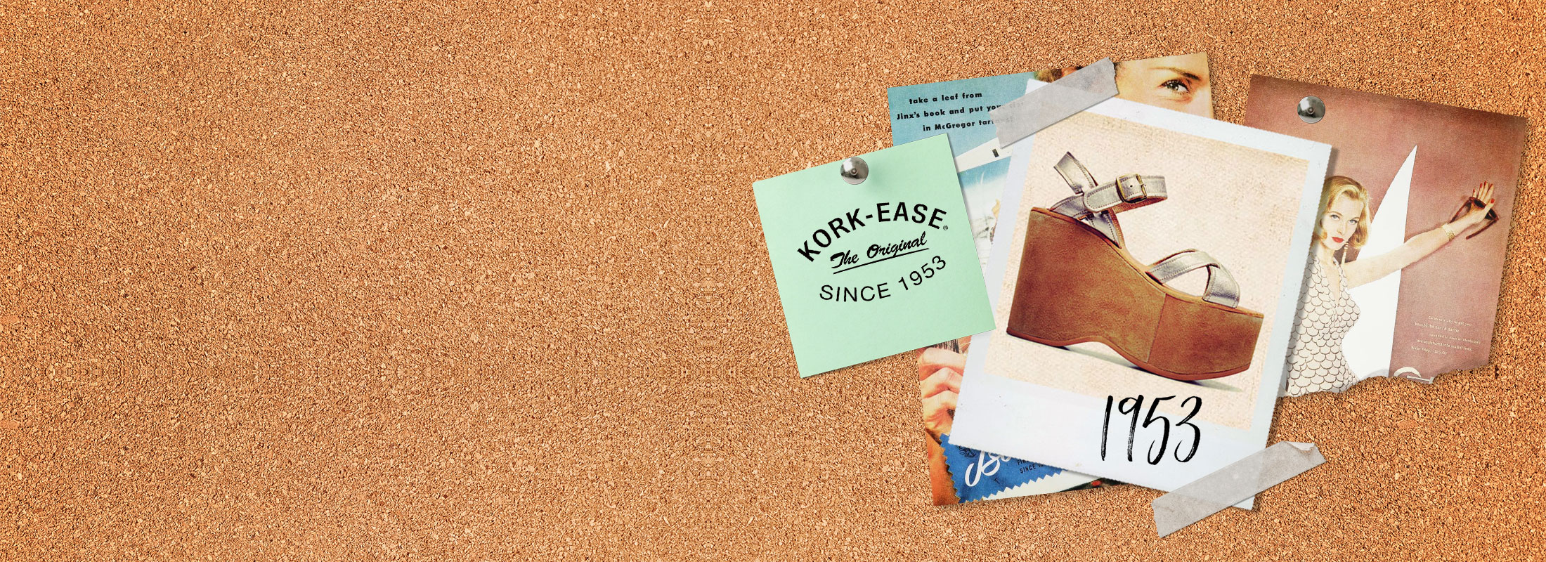 Cork board with clippings of Kork-Ease ads throughout the years.
