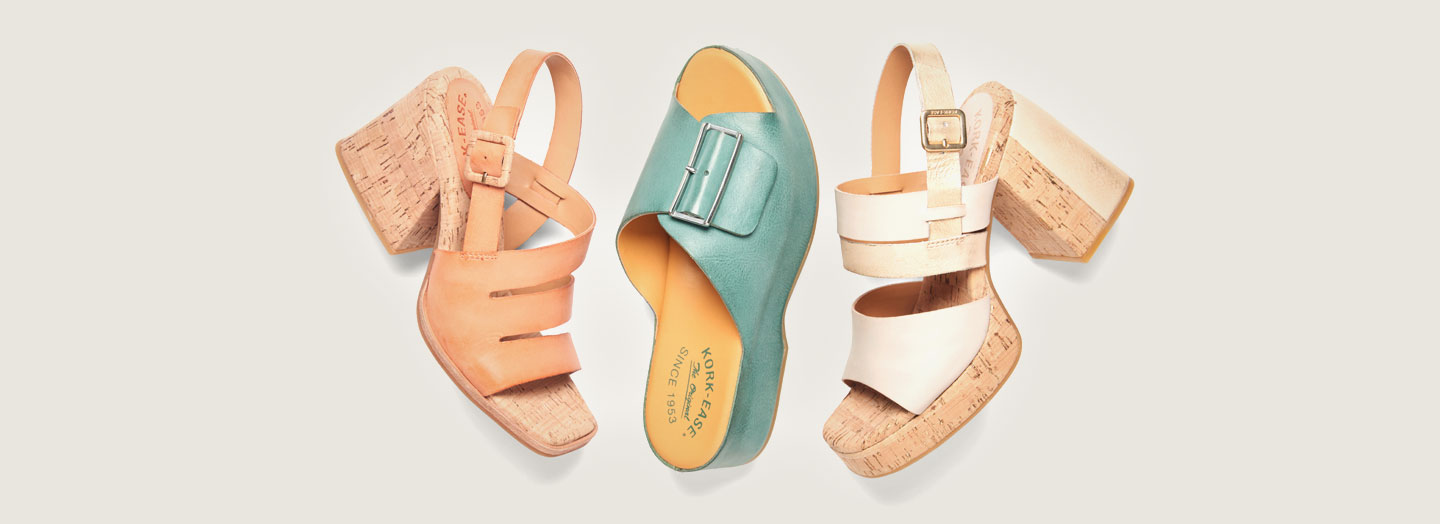 Cate Heeled sandal  in Orange, York sandal in teal and Maxi heeled sandal in white.