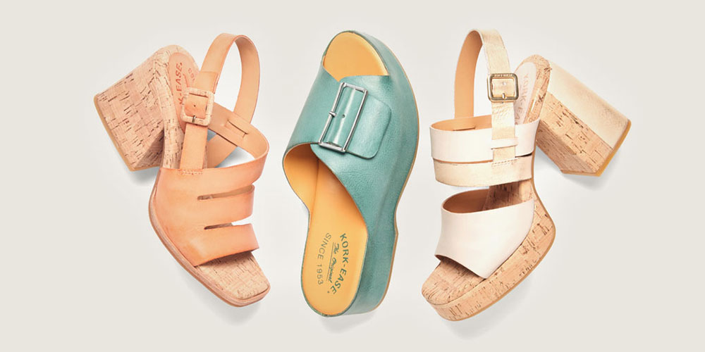 Cate Heeled sandal  in Orange, York sandal in teal and Maxi heeled sandal in white.
