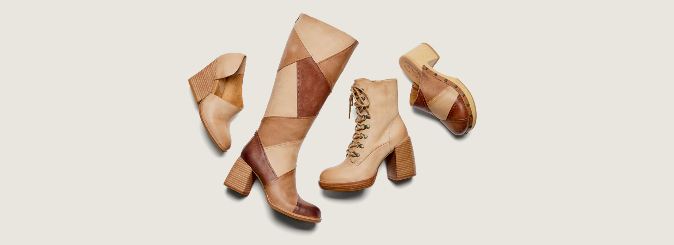 Hartwick wedge in tan, Asbee tall boot in Tan Brown Combo, Disna heeled boot in tan and Tay clog in Tan Brown Combo.