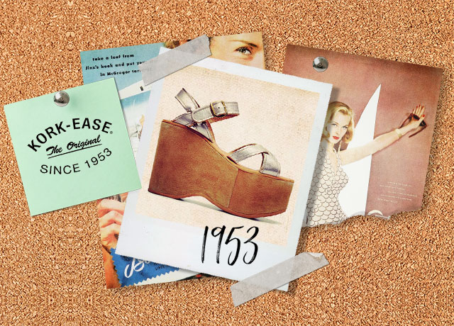Cork board with clippings of Kork-Ease ads throughout the years.
