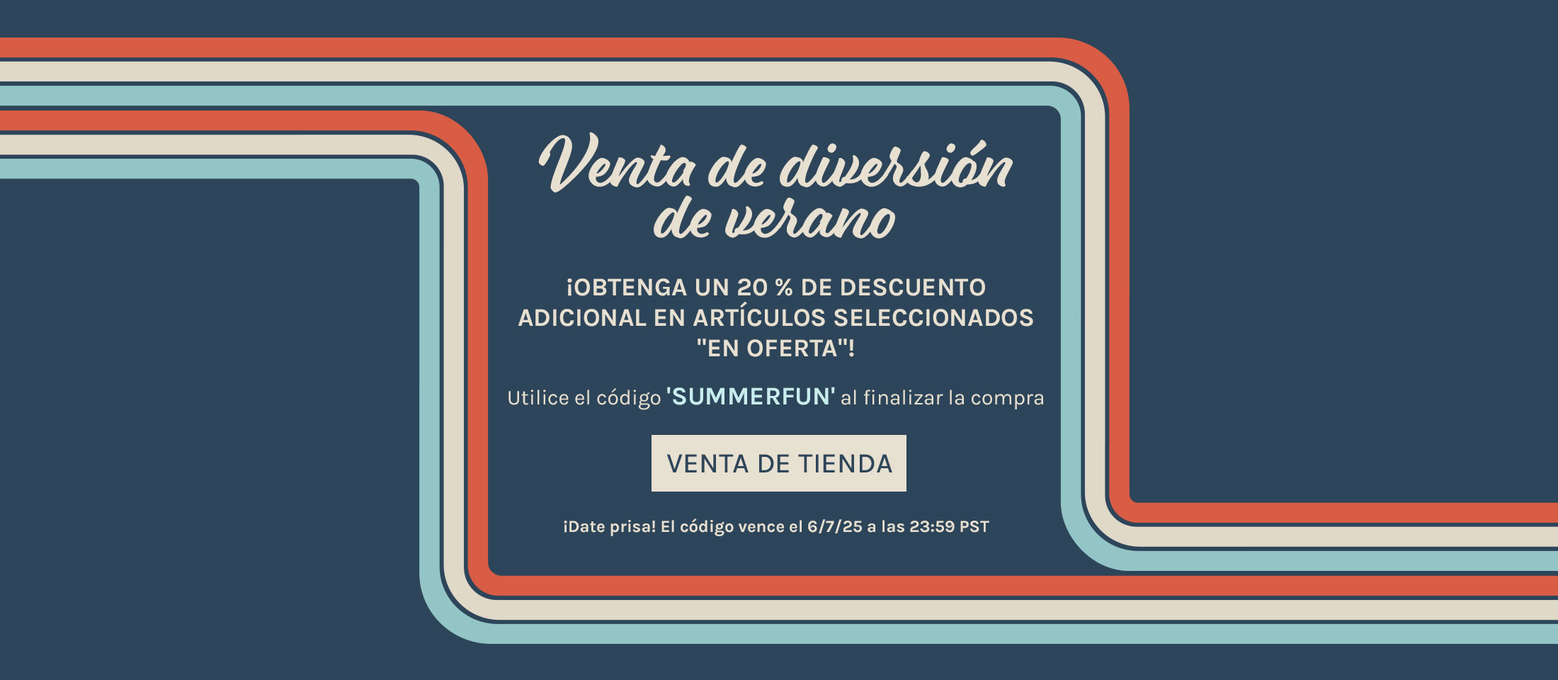 Venta de diversión de verano. ¡Obtenga un 20% de descuento adicional en artículos "en oferta" seleccionados! Utilice el código 'SUMMERFUN' al finalizar la compra. Venta de tienda. ¡Date prisa! El código vence el 6/7/25 a las 23:59 (hora del Pacífico).